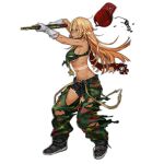 1girl aiming ak-47 ak-47_(girls&#039;_frontline) ak-47_(lord_of_war)_(girls&#039;_frontline) assault_rifle baseball_cap black_footwear black_shorts blonde_hair blue_eyes blush boots breasts broken_eyewear bullet_hole bullet_in_mouth chaps colored_shoe_soles cuts full_body girls&#039;_frontline gloves gold_necklace golden_gun green_pants green_shirt groin gun hair_between_eyes hat hat_removed headwear_removed holding holding_gun holding_weapon infukun injury jewelry kalashnikov_rifle large_breasts long_hair mouth_hold navel necklace official_alternate_costume official_art pants red_headwear red_scarf red_star rifle scarf shirt shorts sideboob simple_background snap-fit_buckle solo star_(symbol) sunglasses tan tank_top tanlines tied_shirt torn_clothes torn_pants torn_scarf torn_shirt transparent_background untied_footwear weapon white_gloves 