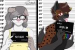  2023 absurd_res anthro barbie_and_ken_mugshot_meme bird_dog black_body black_fur black_markings blonde_hair blonde_highlights blue_eyes bodily_fluids border_collie brimstone_(zer0rebel4) brown_eyes canid canid_demon canine canis chart clothing collie demon discord_(app) domestic_dog duo ears_down english_text eyewear fangs female floppy_ears frown fur gesture glasses grey_body grey_fur grey_hair grey_markings gynomorph_(lore) hair height_chart hellhound herding_dog herm_(lore) heterochromia hi_res highlights_(coloring) holding_object humor hunting_dog hybrid hyena lgbt_pride looking_at_viewer mammal markings meme meme_clothing meme_pose middle_finger mischievous mixed_breed pastoral_dog patreon pink_nose pink_sclera pivoted_ears pride_colors pride_month rainbow_pride_colors red_eyes red_hair sage_(zer0rebel4) sheepdog shirt smile spaniel spots spotted_hyena spotted_markings sweat tan_body tan_fur tan_markings tank_top teeth text tongue tongue_out topwear trans_(lore) trans_woman_(lore) url white_body white_fur white_markings worried zer0rebel4 