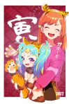  2022 2girls :d ^_^ animal_ears animal_hands animal_print blonde_hair blue_hair blush border braid brown_pants claws closed_eyes commentary_request cropped_legs facing_viewer fake_animal_ears fur_collar gloves hairband hands_up height_difference hibino_matsuri highres hug hug_from_behind long_hair looking_at_viewer moudoku_(decopon3rd) multicolored_hair multiple_girls myamu navel open_mouth orange_hair orange_hairband pants paw_gloves paw_pose pink_sweater pretty_(series) purple_eyes red_background side_braid smile streaked_hair sweater tiger_ears tiger_print translation_request twintails waccha_primagi! white_border 