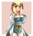  1girl arch_bishop_(ragnarok_online) blonde_hair blue_dress blush bow breasts brown_background brown_horns cleavage cleavage_cutout closed_mouth clothing_cutout commentary_request cowboy_shot cross dress fingernails frilled_thighhighs frills green_eyes hair_between_eyes hair_bow highres horns juliet_sleeves large_breasts long_sleeves looking_at_viewer medium_bangs medium_hair pelvic_curtain puffy_sleeves ragnarok_online red_bow sash sidelocks smile solo thighhighs two-tone_background two-tone_dress uzuki_kouta white_background white_dress white_thighhighs yellow_sash 