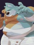  0ottotto0 2023 3:4 absurd_res anthro bear belly big_belly black_nose brown_body eyes_closed halloween halloween_costume hi_res holidays humanoid_hands kemono male mammal moobs mummy_costume navel nipples overweight overweight_male simple_background solo 