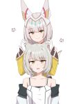  2girls absurdres animal_ears camisole cat_ears chirun0 ear_covers grey_hair hand_on_another&#039;s_ear highres jacket light_blush looking_at_another mio_(xenoblade) multiple_girls nia_(xenoblade) off_shoulder short_hair simple_background smile upper_body xenoblade_chronicles_(series) xenoblade_chronicles_3 yellow_eyes 
