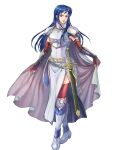  1girl armor blue_eyes blue_hair breastplate cape elbow_gloves fire_emblem fire_emblem:_the_blazing_blade fire_emblem_heroes gloves highres isadora_(fire_emblem) long_hair non-web_source official_art pelvic_curtain shoulder_armor solo sword takaya_tomohide vambraces weapon white_cape 