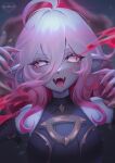  1girl :q absurdres ahoge artist_name blood blood_on_mouth blood_splatter blue_nails breasts briar_(league_of_legends) colored_sclera colored_skin detached_sleeves english_commentary eyelashes fangs fingernails grey_hair gumae hair_between_eyes highres league_of_legends long_hair looking_at_viewer medium_breasts multicolored_hair nail_polish no_pupils open_mouth pink_hair pink_sclera pointy_ears sharp_fingernails sharp_teeth sidelocks solo teeth tongue tongue_out two-tone_hair upper_body vampire white_eyes 
