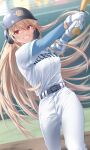  1girl baseball_bat baseball_cap baseball_uniform belt black_belt blonde_hair commentary_request furen_e_lustario grin hat highres holding holding_baseball_bat long_hair looking_at_viewer nijisanji okano_yuuto pants red_eyes smile solo sportswear swept_bangs virtual_youtuber white_pants 