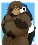  2023 anthro balls bear belly big_belly brown_body canid canine canis domestic_dog duo embrace eyes_closed eyewear genitals giant_panda glasses hi_res hug hugging_from_behind humanoid_hands itazura_igen male mammal moob_grab overweight overweight_male penis tail tail_motion tailwag 