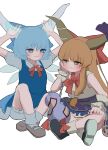  2girls belt black_footwear bloomers blue_dress blue_eyes blue_hair bow bowtie brown_footwear chain cirno closed_mouth commentary_request detached_wings dress footwear_bow gourd highres horns ibuki_suika ice ice_wings indian_style knees_up looking_at_viewer mikan_(manmarumikan) multiple_girls orange_eyes orange_hair red_bow red_bowtie ribbon-trimmed_skirt ribbon_trim shirt short_hair short_sleeves simple_background sitting socks torn_clothes torn_shirt touhou underwear white_background white_shirt white_socks wings wrist_cuffs 