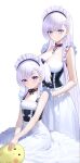  2girls :t absurdres apron azur_lane behind_another belfast_(azur_lane) black_choker blue_eyes braid breasts choker cleavage closed_mouth dress french_braid frilled_apron frills grey_hair highres large_breasts little_bel_(azur_lane) long_hair looking_at_viewer maid maid_apron maid_headdress manjuu_(azur_lane) medium_hair multiple_girls pout ribbon_choker simple_background sitting sleeveless sleeveless_dress small_breasts smile standing tina_(tinafya) very_long_hair waist_apron white_apron white_background 