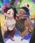  2girls black_hair blue_eyes blue_hair blue_nails blue_tongue breasts chest_sarashi cleavage colored_tongue dark-skinned_female dark_skin domino_mask fangs flower frye_(splatoon) gradient_hair hair_flower hair_ornament highres huge_breasts jtveemo looking_at_viewer mask medium_breasts medium_hair multicolored_hair multiple_girls navel open_mouth pale_skin red_eyes red_hair red_nails sarashi shiver_(splatoon) smile splatoon_(series) splatoon_3 standing standing_on_one_leg tabi teeth tentacle_hair toes twitter_username 