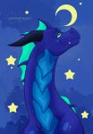  2023 aomamesbeast artist_name aurias blue_background blue_body blue_scales dragon eyebrows fangs feral fin green_eyes head_fin hi_res horn lizard looking_up male moon multicolored_body multicolored_scales reptile scales scalie simple_background smile solo star teal_fins teeth wingless_dragon 