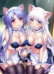  2girls 3: alternate_costume animal_ear_fluff animal_ears apron arm_at_side arm_under_breasts bare_shoulders black_choker black_skirt black_thighhighs blue_eyes blue_hair blush bra_in_mouth braid breast_hold breast_press breasts cat_ears cat_girl cat_tail choker cleavage closed_mouth clothes_in_mouth clothes_lift collarbone commentary_request commission crown_braid day embarrassed enmaided eyelashes eyes_visible_through_hair frilled_apron frilled_choker frilled_cuffs frilled_skirt frills frown furrowed_brow garter_straps hair_between_eyes hair_ornament hairclip hand_on_own_thigh indoors knees_out_of_frame large_breasts legs_together lifted_by_self light_rays long_hair looking_at_viewer maid maid_apron maid_headdress multiple_girls naruse_shiroha purple_eyes seiza shirt_lift sidelocks signature sitting skeb_commission skirt sorakado_ao summer_pockets sweat symmetrical_docking tail thighhighs very_long_hair white_apron white_hair white_wrist_cuffs zen_(kamuro) zettai_ryouiki 