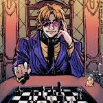  1boy artist_name black_necktie blonde_hair board_game chair chess chess_piece cup dated formal glasses grin hand_on_own_cheek hand_on_own_face holding_chess_piece hyoudou_kazuya ice ice_cube jacket kaiji king_(chess) long_sleeves looking_at_viewer lowres male_focus necktie opaque_glasses parted_bangs partially_opaque_glasses pawn_(chess) pink-tinted_eyewear purple_jacket rook_(chess) shirt short_hair sitting smile solo striped striped_jacket suit sunglasses tinted_eyewear translation_request unknown03162 upper_body vertical-striped_jacket vertical_stripes yellow_shirt 
