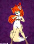  absurd_res accessory anthro arms_bent blossomblaze bow_ribbon canid canine chest_fur fan_character female fox freckles genitals hair hair_accessory hair_bow hair_ribbon hi_res humanoid long_hair looking_at_viewer mammal nipples pose pussy ribbons smile smiling_at_viewer solo spread_legs spreading tail 