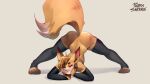  anthro blue_eyes canid canine clothing fennec fox fur hi_res jack-o&#039;_pose legwear looking_at_viewer male mammal orange_body orange_fur polarissketches pose simple_background sleeves solo stockings 