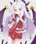  1girl absurdres black_horns black_wings blue_archive blush closed_mouth cowboy_shot demon_horns demon_wings highres hina_(blue_archive) horns karaage_(xxxmido02) long_hair parted_bangs purple_eyes solo very_long_hair white_hair wings 