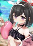  1girl absurdres beach bikini black_bikini black_hair blue_archive blush flat_chest food halo highres mashiro_(blue_archive) mashiro_(swimsuit)_(blue_archive) mouth_hold ocean official_alternate_costume popsicle purple_eyes red_halo short_hair solo swimsuit upper_body wet yasai_itame1 