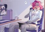  absurd_res clothed clothing covering covering_self embarrassed female hair hi_res humanoid imabunbun looking_at_porn office partially_clothed pink_hair pornography solo tagme 