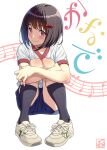  1girl black_socks bob_cut gym_uniform hair_ornament hibike!_euphonium highres hisaishi_kanade musical_note pairan red_eyes shoes shorts sitting sneakers socks solo 