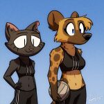  anthro athletic_wear ball big_breasts black_body black_eyes black_fur black_nose blue_eyes bra breast_size_difference breasts brown_body brown_fur cheek_tuft clothed clothing diana_machado domestic_cat duo ear_tuft eyebrows facial_tuft felid feline felis fur gradient_background hi_res hyena katnay lil_chatcendre mammal midriff navel outside pink_nose raised_eyebrow simple_background size_difference sky small_breasts smile sport sports_bra sports_bra_difference_meme tan_body tan_fur tuft underwear volleyball volleyball_(ball) worn_down_children 