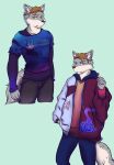  2022 anthro bottomwear brown_hair candy canid canine clothed clothing colored corsac_fox dessert digital_media_(artwork) fashion fist food fox fully_clothed fur grey_body grey_fur hair hand_in_pocket hi_res hoodie inner_ear_fluff lollipop looking_at_viewer looking_away male mammal mnesis multiple_images pants pockets pose shirt simple_background smile solo standing super-nova tail text text_on_clothing text_on_topwear tokyoteddybear topwear tuft 