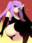  1girl black_gloves black_thighhighs blunt_bangs breasts cleavage commentary_request crescent crescent_hair_ornament elbow_gloves gloves hair_ornament haseru_(ginku_mh) heart highres large_breasts long_hair patchouli_knowledge purple_eyes purple_hair sidelocks solo thighhighs touhou twintails 