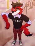  3:4 absurd_res acidwuff anthro bottomwear brown_clothing brown_hair brown_shirt brown_t-shirt brown_topwear canid canine chain cheek_tuft clothed clothing facial_tuft fox full-length_portrait fur hair hi_res looking_at_viewer male mammal mouth_closed pants portrait pucko_fox red_body red_bottomwear red_clothing red_fur red_pants shirt short_hair solo standing t-shirt topwear tuft white_body white_fur yellow_eyes 