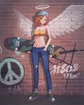  1girl backwards_hat bandeau bare_arms bare_shoulders baseball_cap blue_headwear blue_pants breasts brick_wall cleavage commentary denim drop_shadow full_body graffiti green_eyes groin hat head_tilt highres holding holding_skateboard jeans jisas large_breasts long_hair looking_at_viewer midriff navel orange_hair original pants shoes skateboard sneakers solo standing stomach strapless torn_clothes torn_pants tube_top 