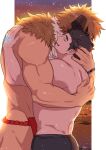  2boys animal_head ass bara character_request comforting dog_boy doku_(hitori_ox) feet_out_of_frame from_side fundoshi furry furry_with_non-furry highres hug interspecies japanese_clothes male_focus multiple_boys muscular muscular_male ocean protagonist_3_(housamo) red_fundoshi sideburns sideburns_stubble sunset thick_eyebrows tokyo_afterschool_summoners topless_male yaoi 