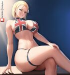  blonde_hair breasts cammy_white feikyart fighting_game gradient_background green_eyes large_breasts navel patreon_logo patreon_username scar scar_on_cheek scar_on_face short_hair sitting street_fighter street_fighter_6 thigh_strap union_jack_bikini 