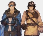  2boys belt black_hair blonde_hair blue_cape blue_headband brown_hair cape closed_mouth flik_(suikoden) gensou_suikoden gensou_suikoden_i gensou_suikoden_ii gloves headband maekakekamen multicolored_hair multiple_boys short_hair simple_background smile sword two-tone_hair viktor_(suikoden) weapon white_background 