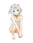  1girl barefoot brown_eyes circlet cleavage_cutout clothing_cutout commentary_request cone_hair_bun double_bun flat_chest full_body grey_hair hair_bun highres kokkoro_(ceremonial)_(princess_connect!) kokkoro_(princess_connect!) leotard pointy_ears princess_connect! shin_(shincrz) smile solo squatting_cowgirl_position white_leotard 