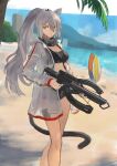  1girl absurdres animal_ears arknights bare_legs beach black_scarf black_shorts blue_sky breasts cat_ears cat_tail commentary_request crop_top crossbow day feet_out_of_frame grey_hair hair_over_one_eye highres holding holding_crossbow holding_weapon jacket large_breasts long_hair long_sleeves looking_at_viewer midriff oden_(o-den) open_clothes open_jacket outdoors ponytail revision scarf schwarz_(arknights) see-through short_shorts shorts sky solo standing tail thighs very_long_hair weapon white_jacket yellow_eyes 