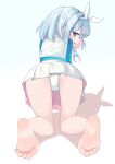  1girl absurdres all_fours arona_(blue_archive) barefoot blue_archive blue_eyes blue_hair blush feet from_behind hair_ribbon highres looking_back lts_kakuyo no_shoes open_mouth panties ribbon simple_background soles solo toes underwear white_background white_panties 