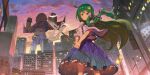  1girl ahoge blue_skirt building city cloud detached_sleeves dusk floating_hair frog_hair_ornament gohei green_eyes green_hair hair_ornament hair_tubes highres hisou_tensoku holding holding_gohei kochiya_sanae lamppost long_hair looking_at_viewer mecha non-web_source official_art outdoors red_ribbon ribbon robot second-party_source shirt single_sidelock skirt sky skyscraper sleeveless sleeveless_shirt snake snake_hair_ornament tomioka_jirou touhou touhou_lost_word very_long_hair white_shirt white_sleeves wide_sleeves 