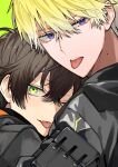  2boys ;p alban_knox arm_pouch black_jacket blonde_hair blush brown_hair closed_mouth commentary_request crossed_bangs fang green_background green_eyes hair_between_eyes highres jacket looking_at_viewer looking_to_the_side male_focus mole mole_on_neck multiple_boys nijisanji nijisanji_en one_eye_closed open_mouth pouch purple_eyes roro_(roro32b) short_hair simple_background skin_fang sonny_brisko teeth tongue tongue_out upper_body upper_teeth_only virtual_youtuber 