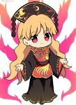  1girl black_dress black_headwear blonde_hair blush chibi closed_mouth dress energy highres junko_(touhou) long_hair long_sleeves looking_at_viewer phoenix_crown ramudia_(lamyun) red_eyes simple_background smile solo tabard touhou twitter_username white_background wide_sleeves 