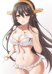  1girl bare_arms bare_legs bare_shoulders bikini black_hair blush breasts cleavage collarbone cowboy_shot gensoukitan hair_between_eyes hair_ornament hairband hairclip haruna_(kancolle) headgear highres jewelry kantai_collection large_breasts long_hair navel open_mouth ring simple_background smile solo swimsuit wedding_ring white_background white_bikini yellow_eyes 