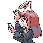  1girl animal_ears blazer commentary hand_mirror hot_sauce jacket kasuya_baian long_hair mirror necktie pink_hair rabbit_ears red_necktie reisen_udongein_inaba shirt simple_background solo tabasco touhou upper_body white_background white_shirt 