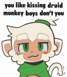  ambiguous_gender anthro biped blush darkluxia druid_monkey_(bloons) front_view green_eyes haplorhine looking_at_viewer mammal monkey primate red_body simple_background solo tan_body text white_background 