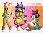  accessory animal_crossing animate_inanimate ankha_(animal_crossing) anthro areola areola_slip asian_clothing bear big_breasts black_eyes blue_areola blue_bottomwear blue_clothing blue_eyes blue_hair blue_stripes blue_topwear blush blush_lines bottomwear bracelet breasts brown_areola brown_nails brown_nipples clothing coco_(animal_crossing) colored_nails dipstick_limbs domestic_cat dress ear_piercing east_asian_clothing egyptian_headdress embarrassed empty_eyes eyeshadow felid feline felis female fur green_clothing green_dress green_eyeshadow green_kimono group gyroid hair hair_accessory hand_on_face hand_on_hair hi_res huge_breasts hybrid japanese_clothing jewelry kimono lagomorph leporid lipstick looking_at_viewer makeup mammal markings nails navel nintendo nipple_outline nipple_piercing nipple_slip nipples open_mouth orange_background pekoe_(animal_crossing) piercing pink_background pink_body pink_fur pink_lipstick purple_hair rabbit raccoon_sama short_hair silver_heels silver_shoes simple_background sitting snaggle_tooth striped_markings striped_tail stripes tail tail_markings tan_body tan_fur text thick_thighs topwear trio white_background white_high_heels wide_hips yellow_background yellow_body yellow_fur 