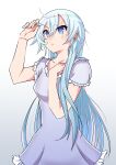  1girl absurdres ahoge bakuma blue_eyes breasts cowboy_shot frilled_nightgown hair_between_eyes hand_in_own_hair hand_on_own_chest highres long_hair messy_hair nightgown purple_nightgown rwby scar scar_across_eye small_breasts solo standing very_long_hair weiss_schnee white_hair 