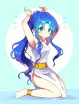  1girl absurdres alternate_hairstyle anklet arms_behind_head arms_up barefoot blue_hair blush breasts cleavage closed_mouth earrings green_eyes highres jewelry long_hair looking_at_viewer medium_breasts offbeat ponytail puyopuyo rulue_(puyopuyo) seiza sitting solo 
