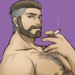  1boy alternate_body_hair bara beard brown_hair chest_hair cigarette collarbone dounoo facial_hair large_pectorals looking_at_viewer looking_to_the_side male_focus mature_male muscular muscular_male nipples nude pectorals pokemon pokemon_(game) pokemon_sv purple_background short_hair smoke smoking solo thick_eyebrows turo_(pokemon) undercut upper_body 