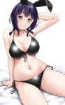  1girl animal_ears arm_behind_head asaka_karin bed_sheet bikini black_bikini black_hair blue_eyes blunt_bangs blush breasts cleavage closed_mouth collarbone fake_animal_ears highres large_breasts love_live! love_live!_nijigasaki_high_school_idol_club mole mole_on_collarbone multiple_moles navel rabbit_ears side-tie_bikini_bottom sitting smile solo stomach swimsuit thighs yopparai_oni 