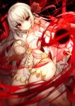  1girl absurdres armlet bare_shoulders belly_chain body_markings bracelet breasts cleavage collarbone colored_skin durga_(fate) earrings energy_ball fate/grand_order fate_(series) gradient_skin grey_hair hair_ribbon highres jewelry large_breasts long_hair looking_at_viewer pelvic_curtain r3_type red_eyes red_skin revealing_clothes ribbon sash snake solo thighs very_long_hair 