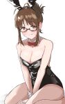  1girl absurdres akizuki_ritsuko alternate_costume animal_ears arms_between_legs black_leotard blush bow bowtie breasts brown-framed_eyewear brown_hair cleavage collarbone detached_collar ear_blush folded_ponytail full-face_blush glasses highres idolmaster idolmaster_(classic) idolmaster_million_live! leotard looking_at_viewer medium_breasts own_hands_together pdal_(pdalhhh) playboy_bunny rabbit_ears red_bow red_bowtie simple_background solo sweatdrop white_background wrist_cuffs 