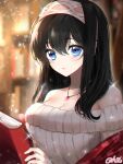  1girl argyle_hairband berrypop black_hair blue_eyes blurry blurry_background blush book bookshelf breasts cleavage collarbone hairband holding holding_book idolmaster idolmaster_cinderella_girls light_particles looking_at_viewer medium_breasts off-shoulder_sweater off_shoulder ribbed_sweater sagisawa_fumika signature solo sparkle sweater upper_body white_hairband 