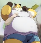  2023 absurd_res anthro belly big_belly black_nose bodily_fluids bottomwear bulge canid canine clothing detailed_background duo embrace fox hi_res hug hugging_from_behind humanoid_hands kemono locker_room male mammal moob_grab noctnoc overweight overweight_male shirt shorts solo_focus sweat topwear 