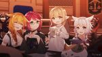  4girls :d animal_ears arm_on_another&#039;s_shoulder artist_name bandaged_hand bandages braid brown_eyes cat_ears cat_girl dress elezen elf fang final_fantasy final_fantasy_xiv glasses heterochromia highres holding holding_paper interlocked_fingers lalafell long_hair medium_hair miqo&#039;te multiple_girls paper pointy_ears short_hair sidelocks skin_fang smile tojorin twin_braids warrior_of_light_(ff14) white_dress white_eyes 