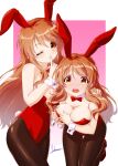  2girls animal_ears artist_name asahina_mikuru asahina_mikuru_(adult) bow bowtie breasts brown_eyes brown_hair brown_pantyhose cleavage commentary_request detached_collar dual_persona fake_animal_ears fake_tail finger_to_mouth hairband highres large_breasts leotard long_hair looking_at_viewer multiple_girls official_alternate_costume one_eye_closed pantyhose rabbit_ears rabbit_tail red_bow red_bowtie red_hairband red_leotard signature suzumiya_haruhi_no_yuuutsu tail watermark wrist_cuffs yoshinaga_masahiro 